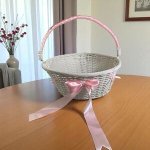 Round Wicker Basket White with Pink Ribbon - 14” Diameter, 11.5” Tall